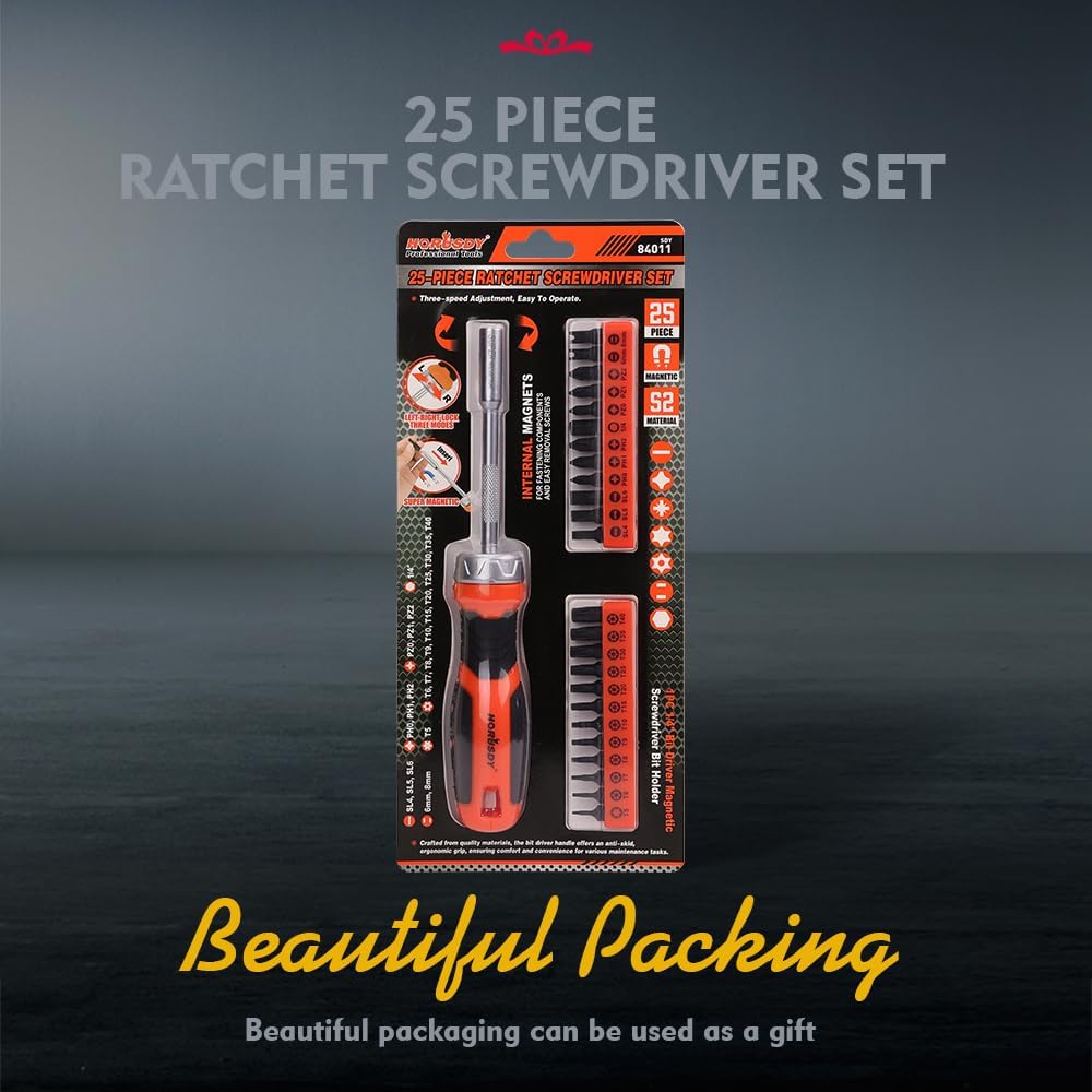 HORUSDY 25-piece ratcheting screwdriver set with magnetic bit holder, metric and SAE hex bits, ergonomic handle for precise repairs