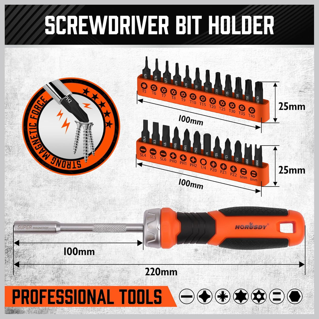 HORUSDY 25-piece ratcheting screwdriver set with magnetic bit holder, metric and SAE hex bits, ergonomic handle for precise repairs