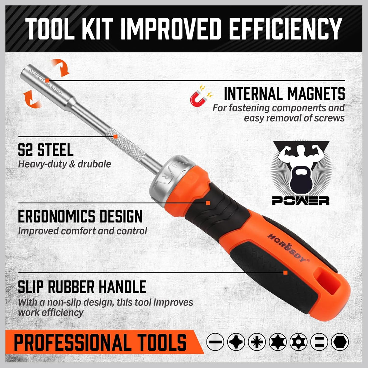 HORUSDY 25-piece ratcheting screwdriver set with magnetic bit holder, metric and SAE hex bits, ergonomic handle for precise repairs