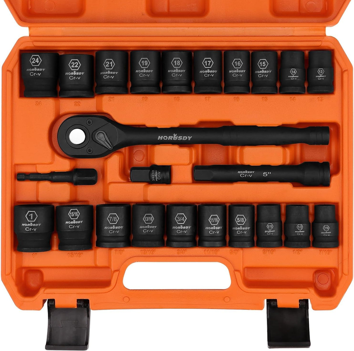 HORUSDY 24-piece 1/2 inch drive impact socket set with ratchet handle, CR-V steel sockets in SAE and metric sizes, with orange storage case.