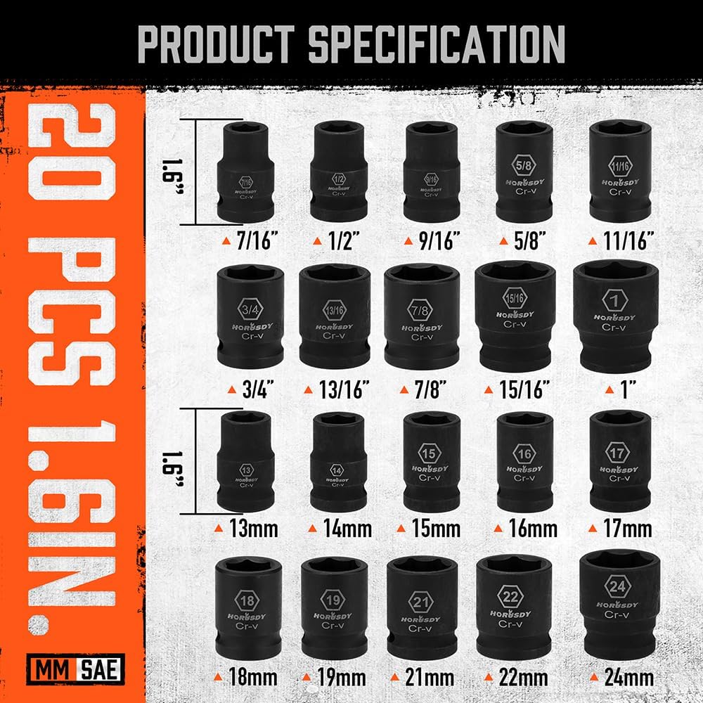 HORUSDY 24-Piece 1/2" Drive Impact Socket Set, SAE & Metric, CR-V Steel, Ratchet & Extensions, in Case