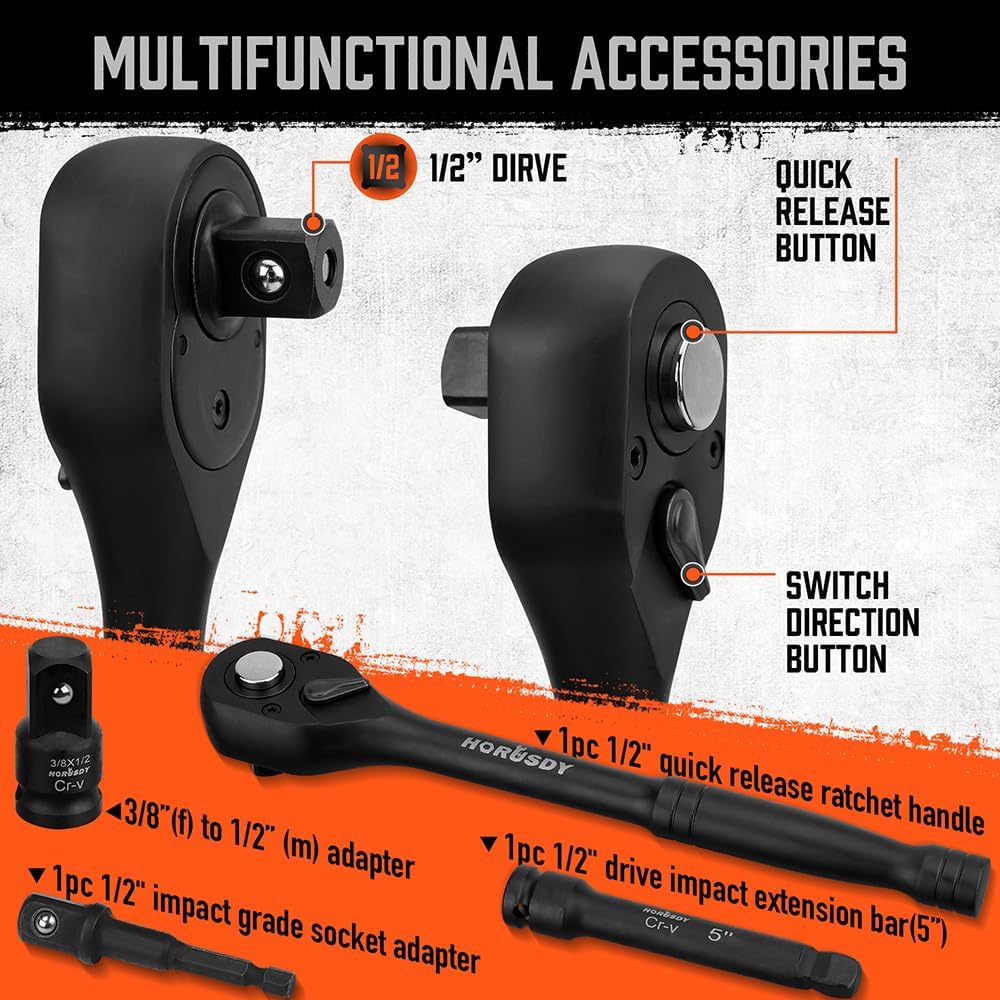 HORUSDY 24-piece 1/2 inch drive impact socket set with ratchet handle, CR-V steel sockets in SAE and metric sizes, with orange storage case.