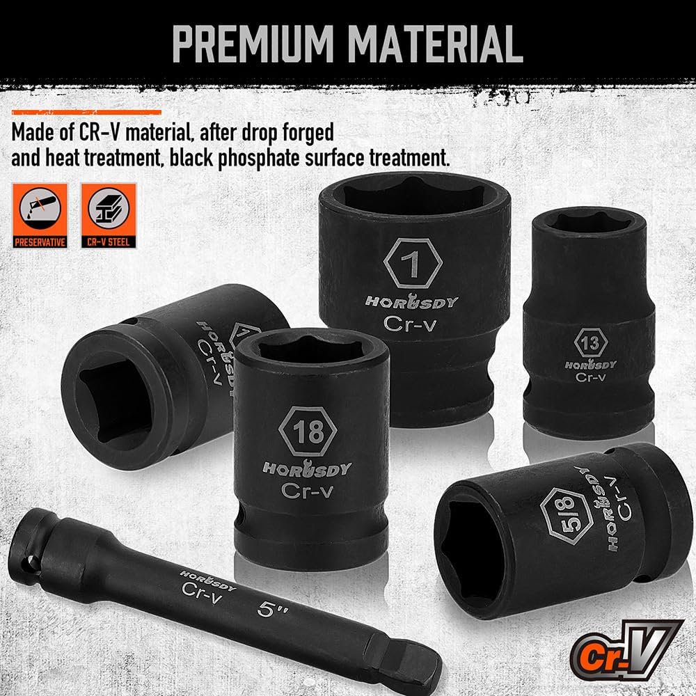 HORUSDY 24-piece 1/2 inch drive impact socket set with ratchet handle, CR-V steel sockets in SAE and metric sizes, with orange storage case.