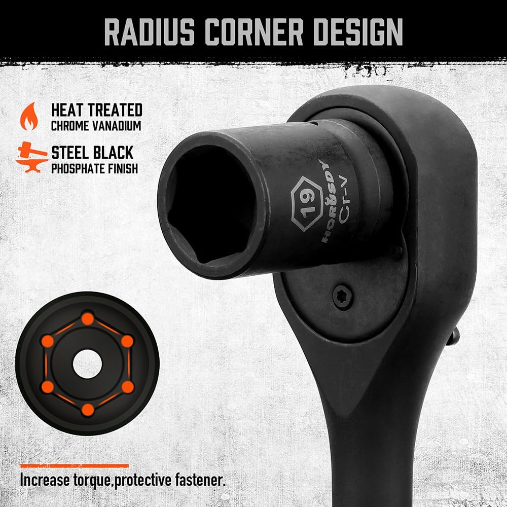 HORUSDY 24-piece 1/2 inch drive impact socket set with ratchet handle, CR-V steel sockets in SAE and metric sizes, with orange storage case.