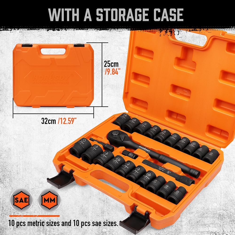 HORUSDY 24-piece 1/2 inch drive impact socket set with ratchet handle, CR-V steel sockets in SAE and metric sizes, with orange storage case.