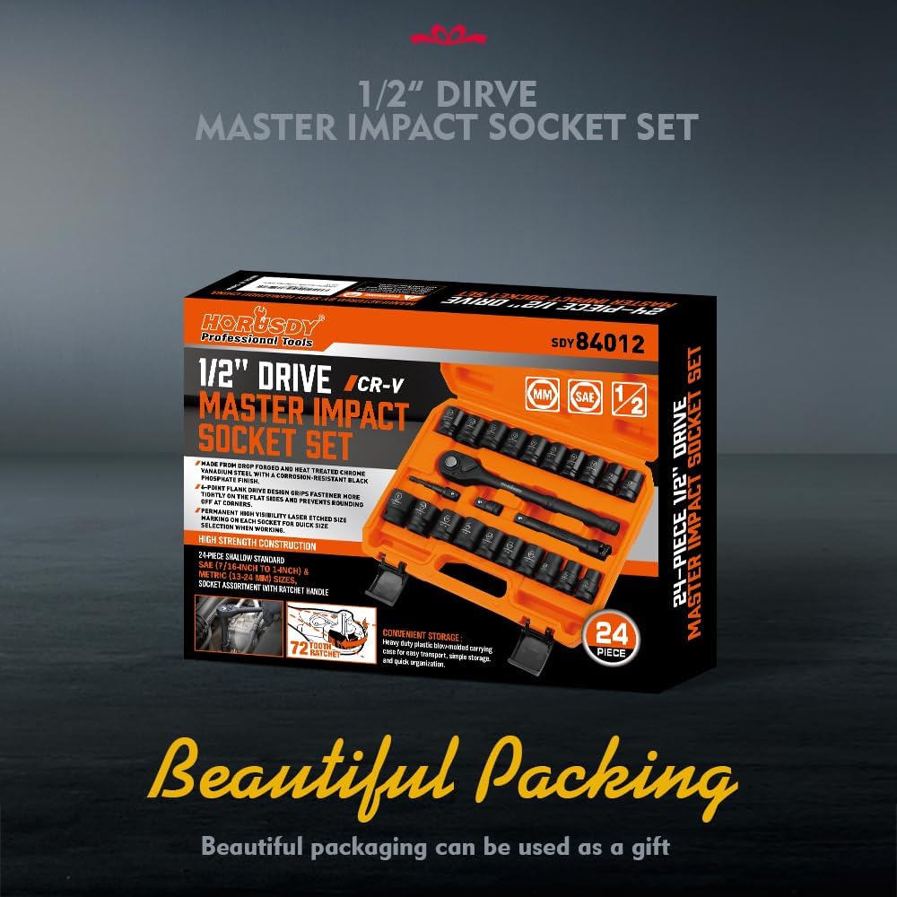 HORUSDY 24-piece 1/2 inch drive impact socket set with ratchet handle, CR-V steel sockets in SAE and metric sizes, with orange storage case.