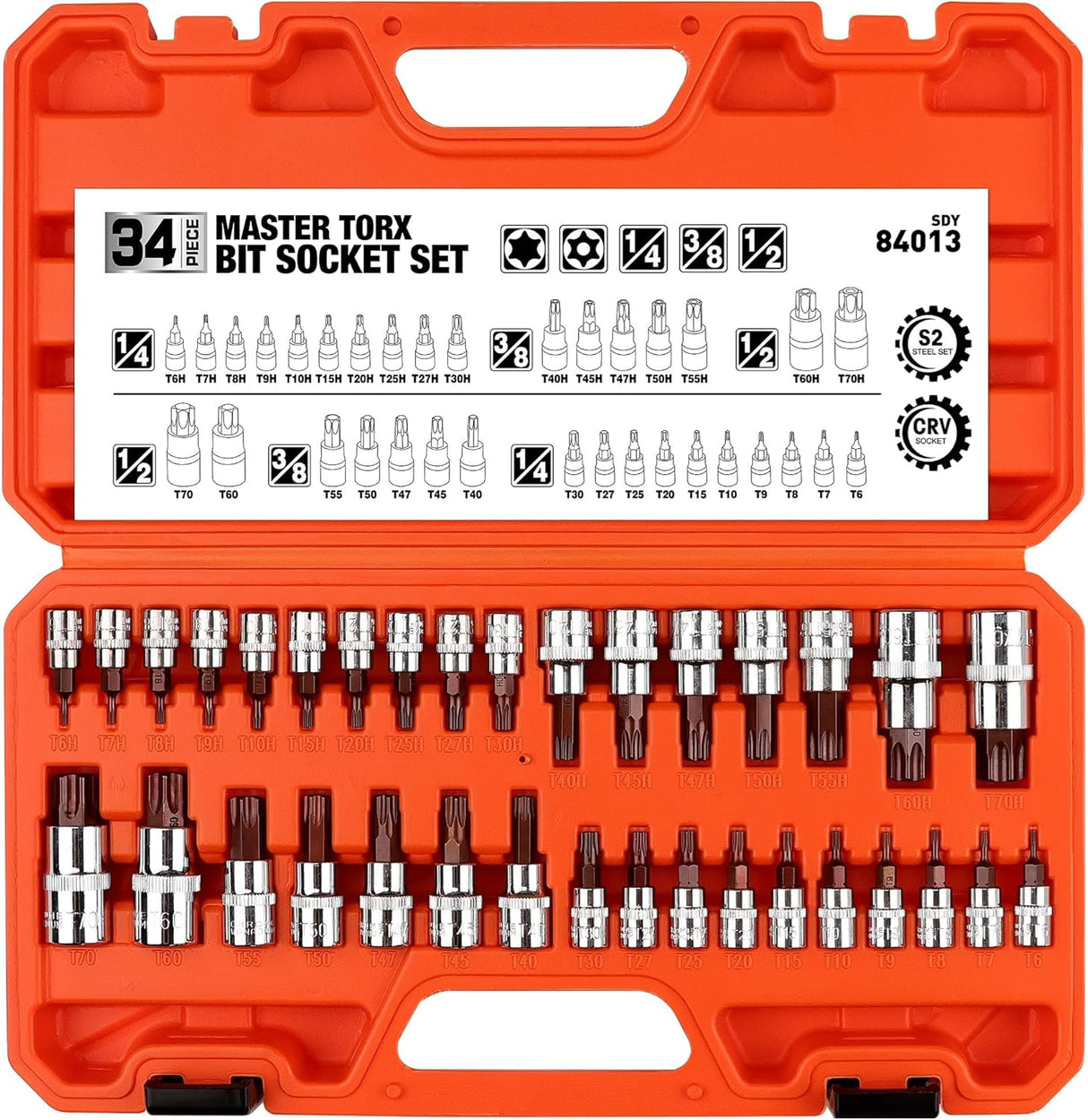 HORUSDY 34-piece Torx star bit socket set with S2 steel bits and CR-V sockets for automotive, mechanical, and workshop use