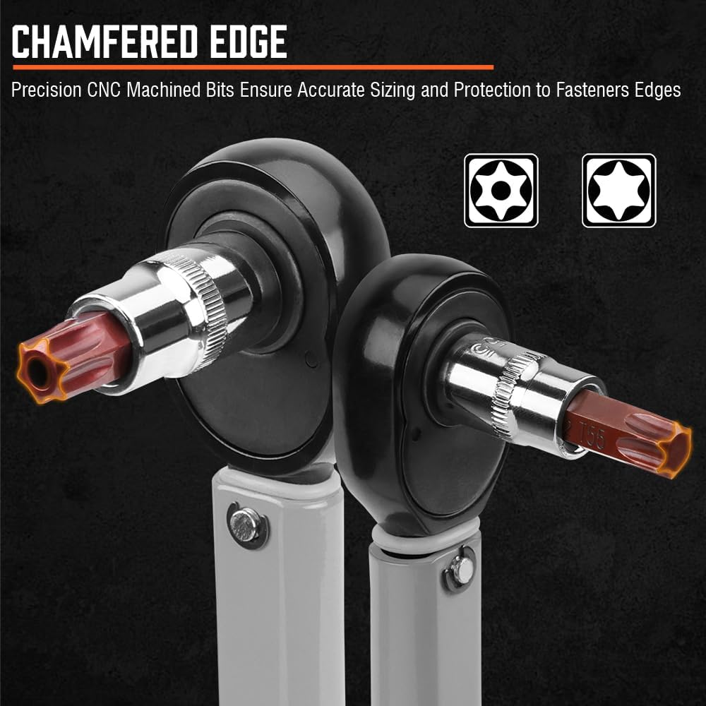 HORUSDY 34-piece Torx star bit socket set with S2 steel bits and CR-V sockets for automotive, mechanical, and workshop use