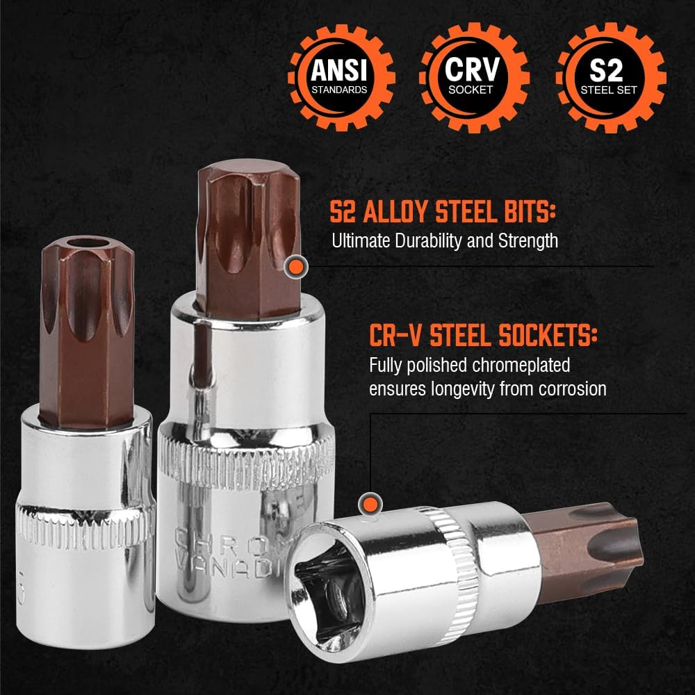 HORUSDY 34-piece Torx star bit socket set with S2 steel bits and CR-V sockets for automotive, mechanical, and workshop use