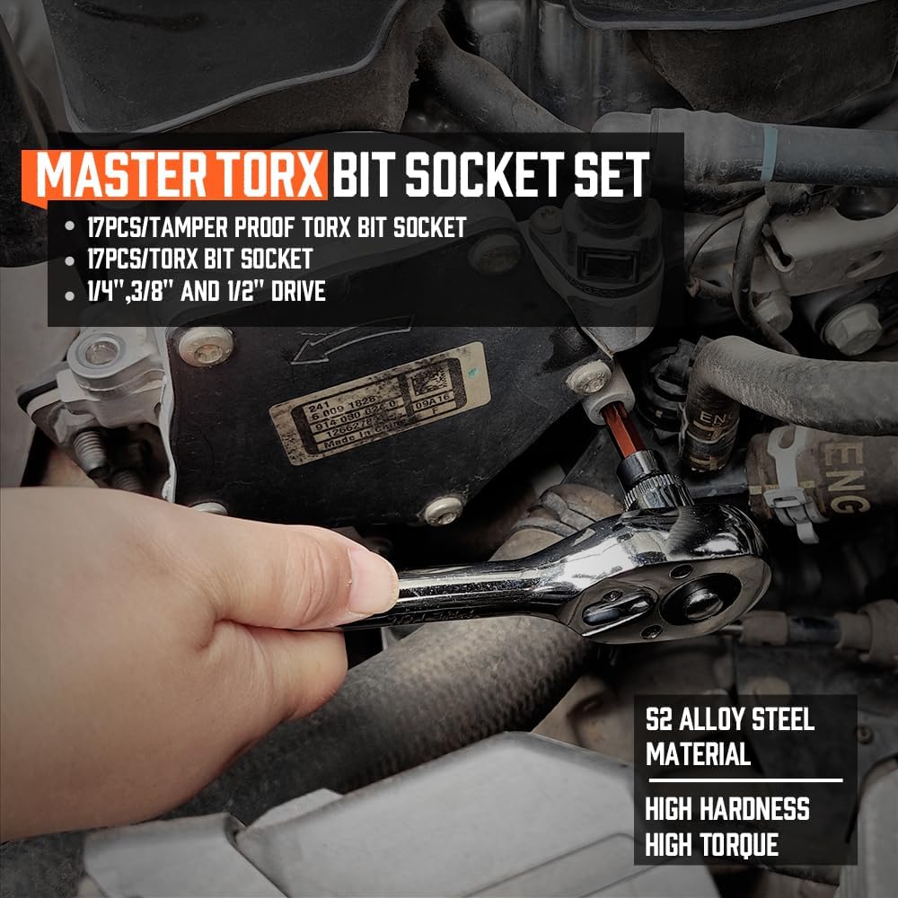 HORUSDY 34-piece Torx star bit socket set with S2 steel bits and CR-V sockets for automotive, mechanical, and workshop use