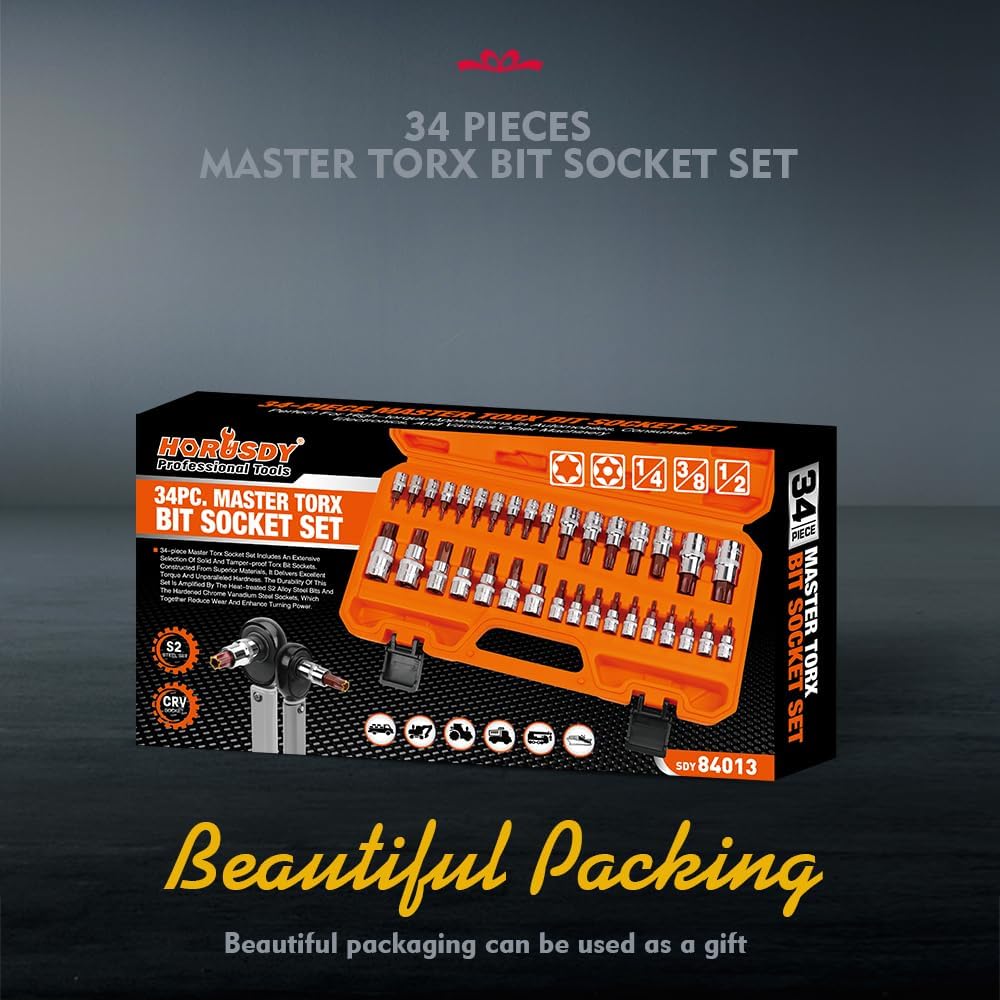 HORUSDY 34-piece Torx star bit socket set with S2 steel bits and CR-V sockets for automotive, mechanical, and workshop use