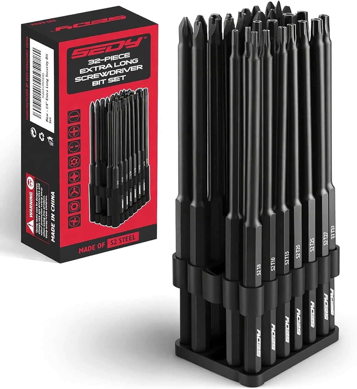 32-piece security bit set with 6" long tamper-proof bits, including Torx, PoziDriv, Spanner, Tri-Wing, for electric drills.