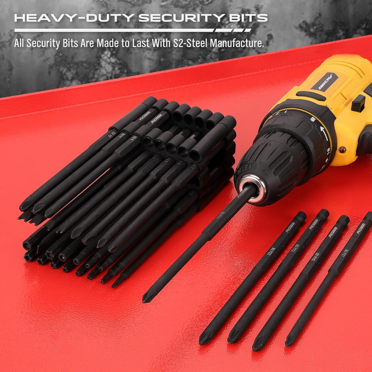 32-piece security bit set with 6" long tamper-proof bits, including Torx, PoziDriv, Spanner, Tri-Wing, for electric drills.