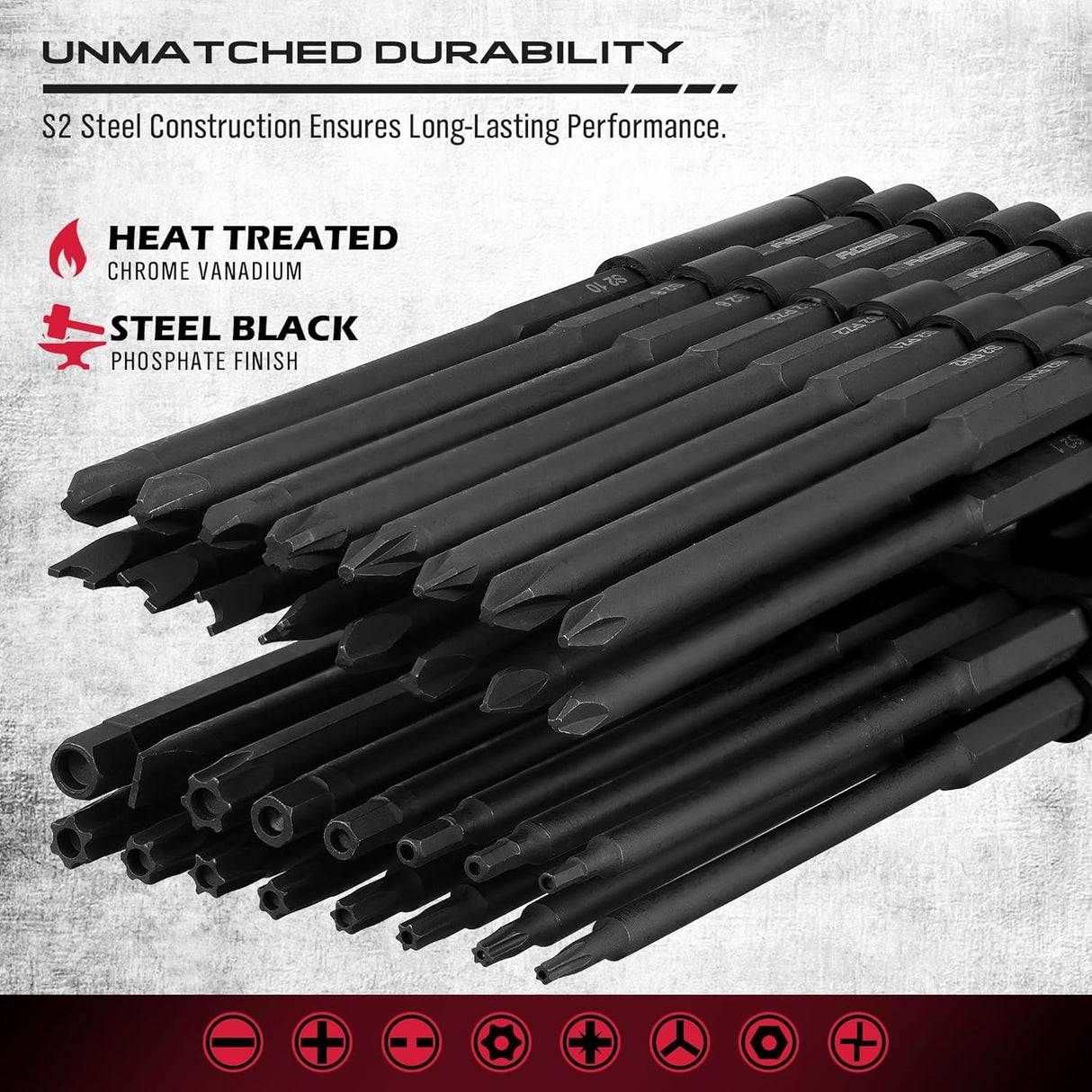 32-piece security bit set with 6" long tamper-proof bits, including Torx, PoziDriv, Spanner, Tri-Wing, for electric drills.