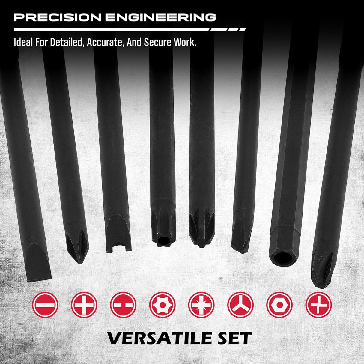 32-piece security bit set with 6" long tamper-proof bits, including Torx, PoziDriv, Spanner, Tri-Wing, for electric drills.