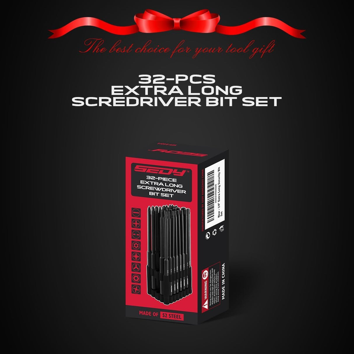 32-piece security bit set with 6" long tamper-proof bits, including Torx, PoziDriv, Spanner, Tri-Wing, for electric drills.