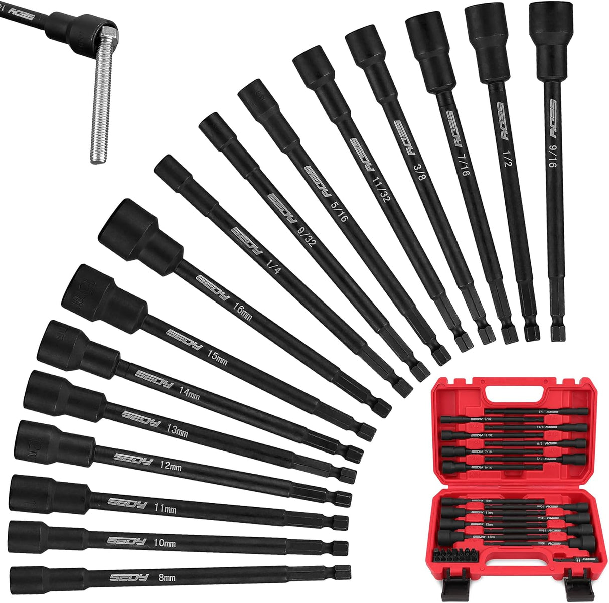 SEDY 31-piece magnetic nut driver set with SAE and metric sizes, S2 steel construction, magnetic tips, and storage case