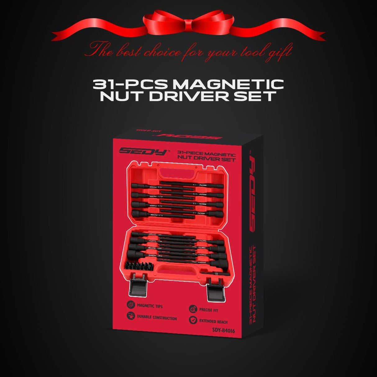 SEDY 31-piece magnetic nut driver set with SAE and metric sizes, S2 steel construction, magnetic tips, and storage case