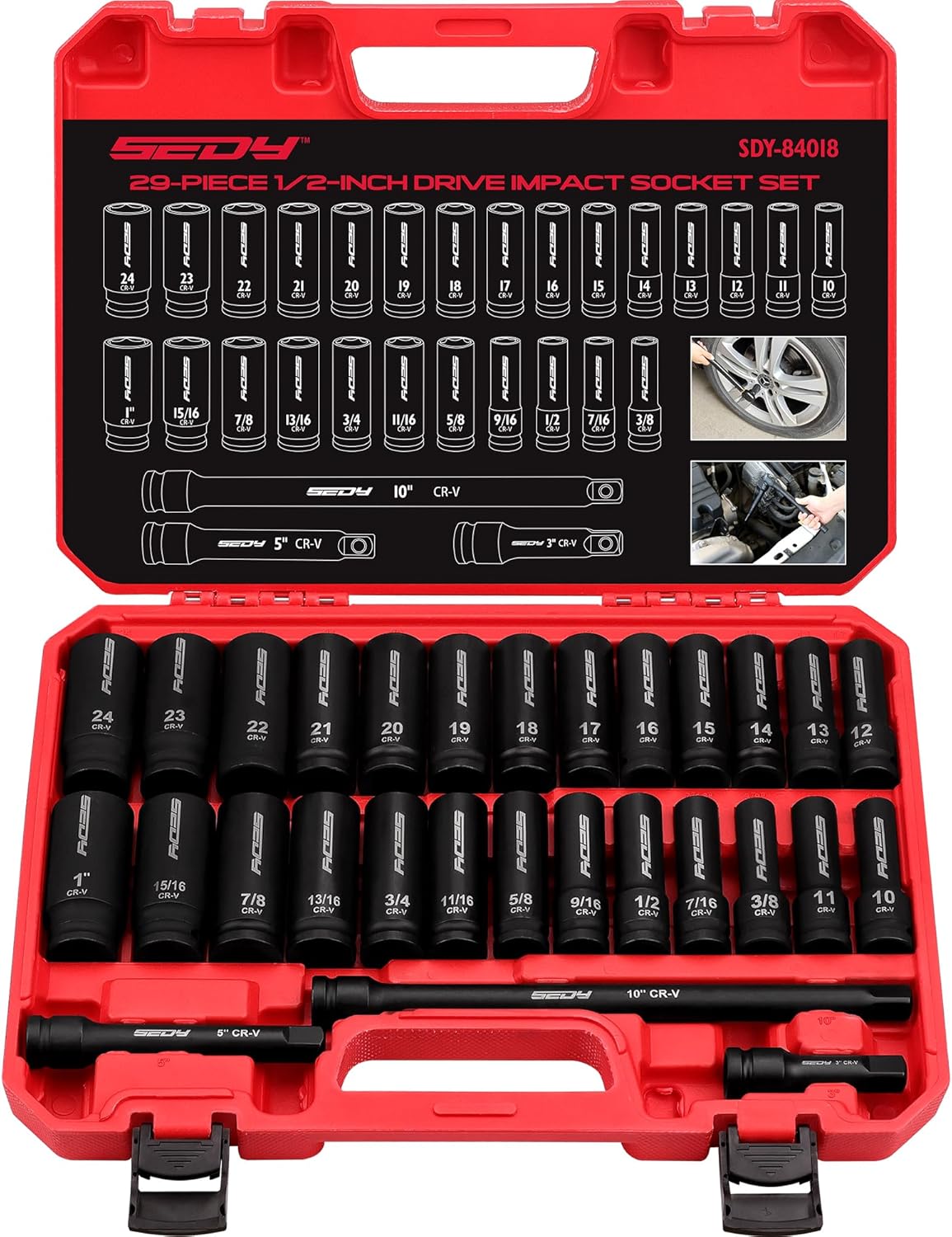 SEDY 29-piece 1/2 inch drive impact socket set with SAE metric sockets, extension bars and heavy-duty storage case