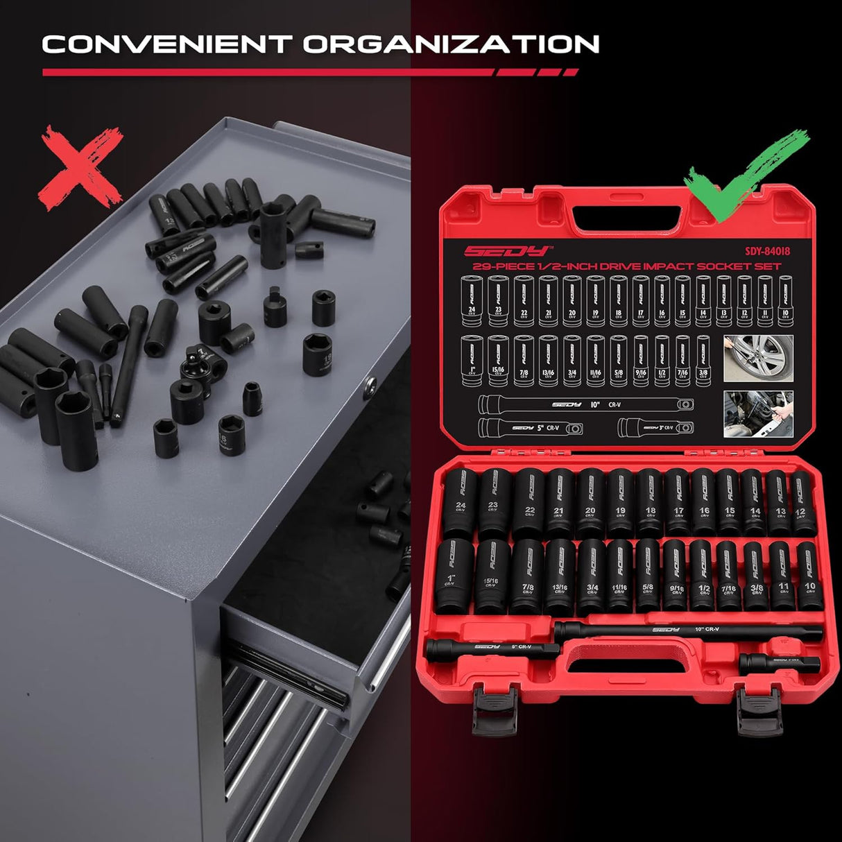 SEDY 29-piece 1/2 inch drive impact socket set with SAE metric sockets, extension bars and heavy-duty storage case