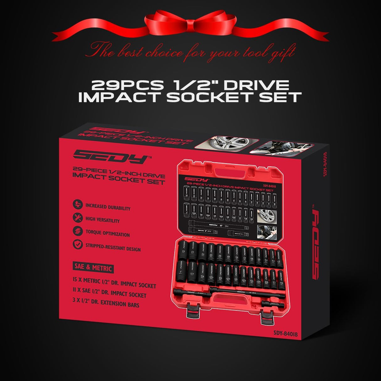 SEDY 29-piece 1/2 inch drive impact socket set with SAE metric sockets, extension bars and heavy-duty storage case