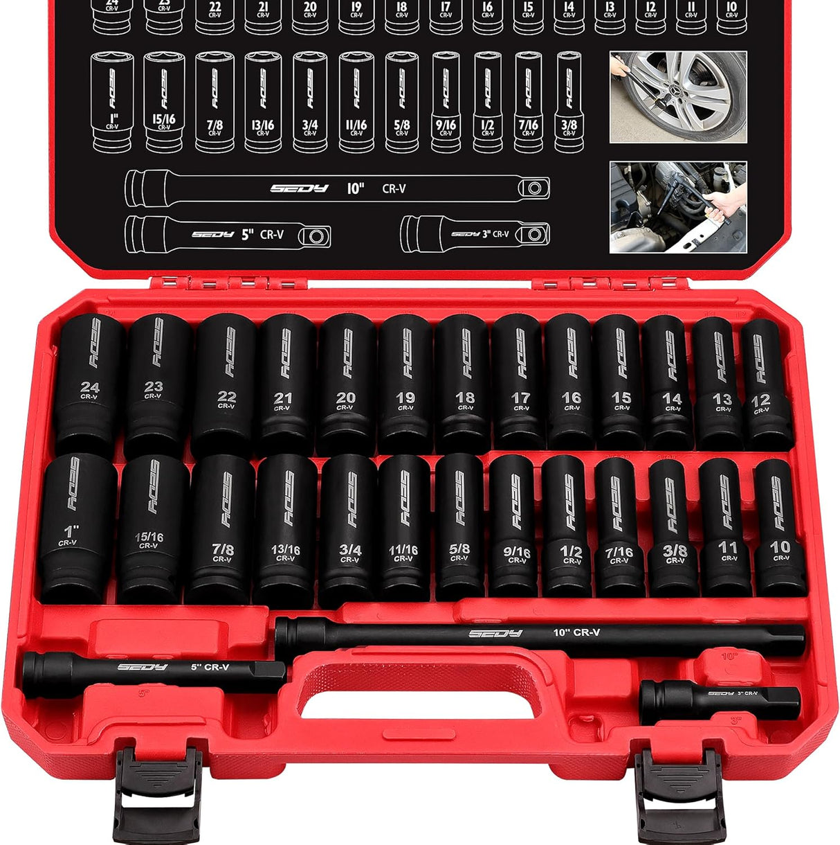SEDY 29-piece 1/2 inch drive impact socket set with SAE metric sockets, extension bars and heavy-duty storage case