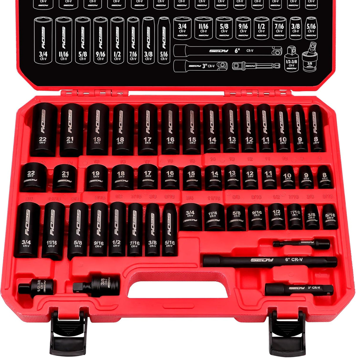 SEDY 49-piece 3/8 inch drive impact socket set with SAE metric standard deep sockets, extension bars, adapter and storage case