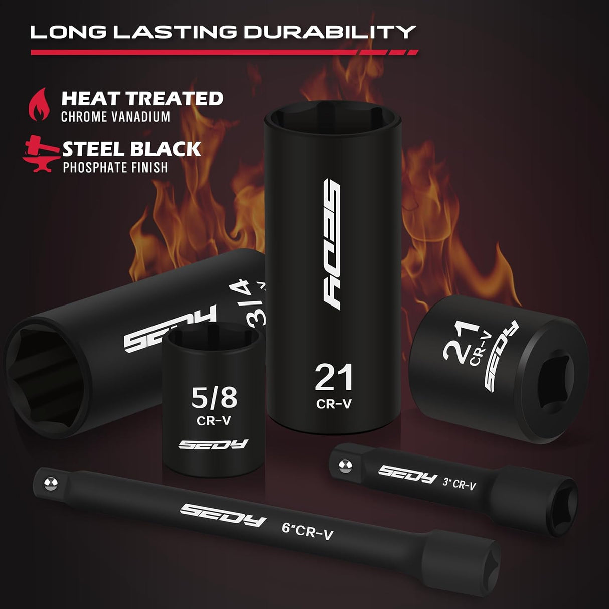 SEDY 49-piece 3/8 inch drive impact socket set with SAE metric standard deep sockets, extension bars, adapter and storage case