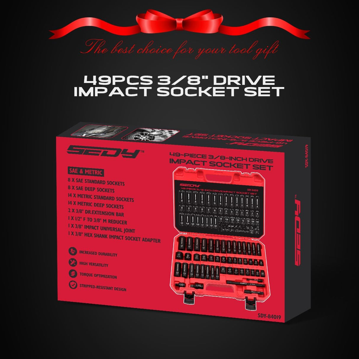 SEDY 49-piece 3/8 inch drive impact socket set with SAE metric standard deep sockets, extension bars, adapter and storage case