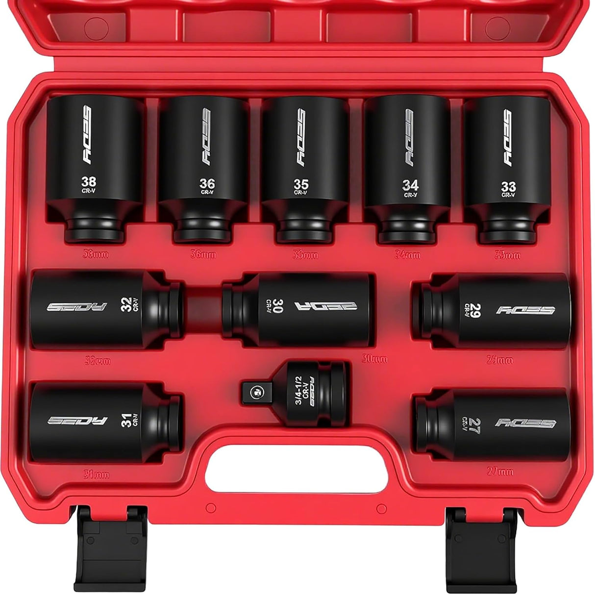 SEDY 11-piece 1/2-inch drive deep impact socket set with CR-MO construction and adapter, perfect for automotive and industrial torque jobs