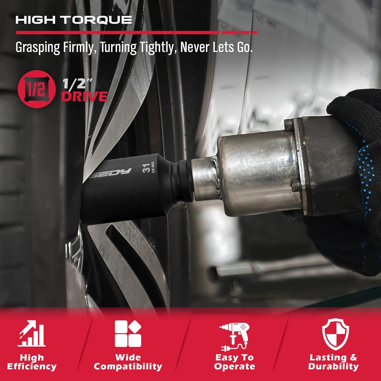 SEDY 11-piece 1/2-inch drive deep impact socket set with CR-MO construction and adapter, perfect for automotive and industrial torque jobs