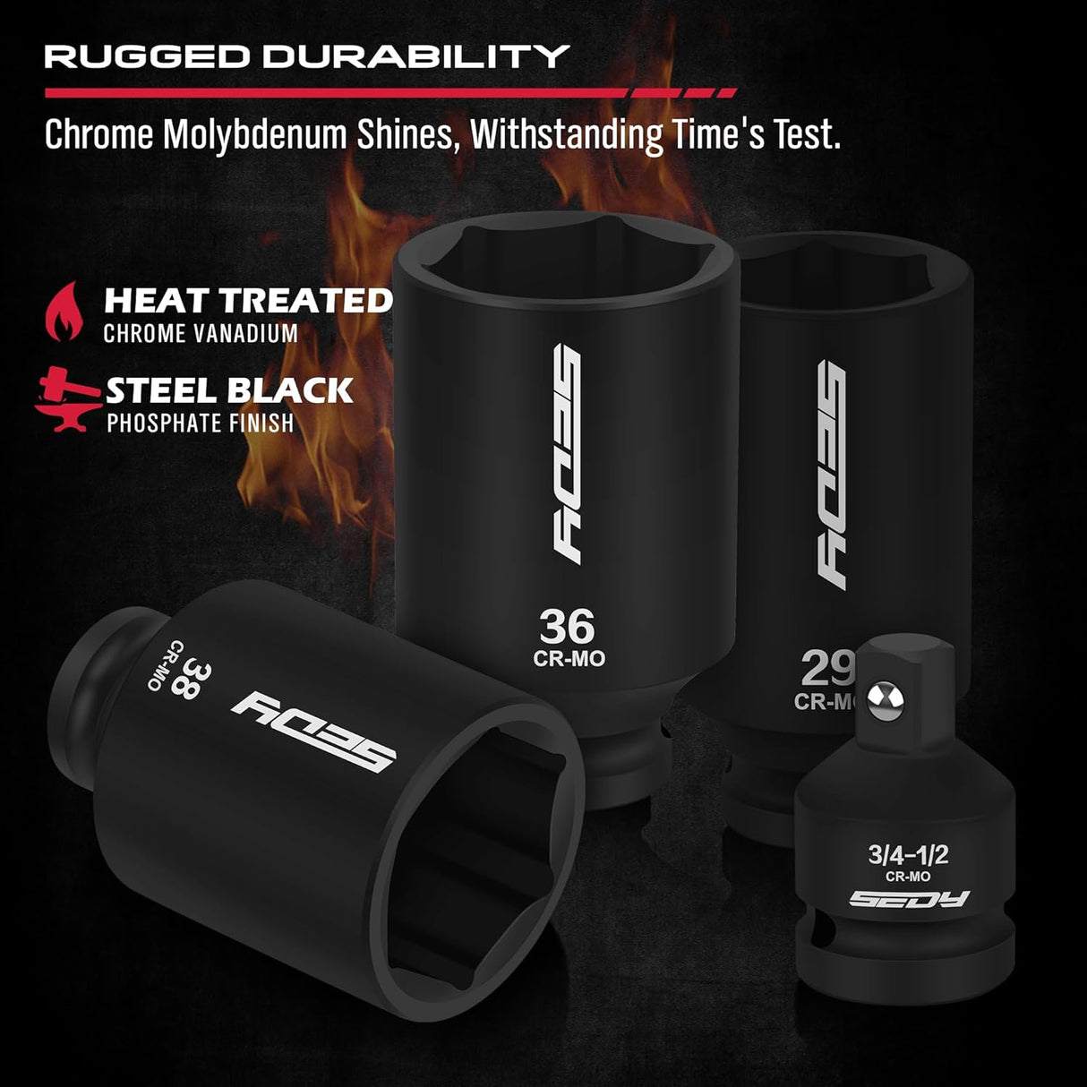 SEDY 11-piece 1/2-inch drive deep impact socket set with CR-MO construction and adapter, perfect for automotive and industrial torque jobs