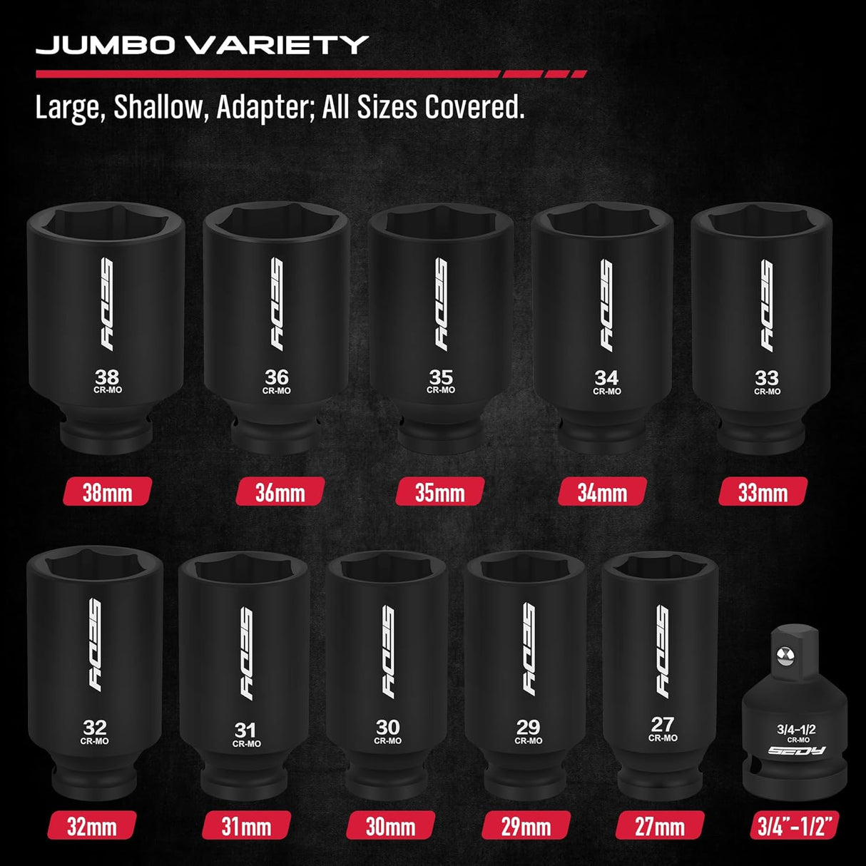 SEDY 11-piece 1/2-inch drive deep impact socket set with CR-MO construction and adapter, perfect for automotive and industrial torque jobs