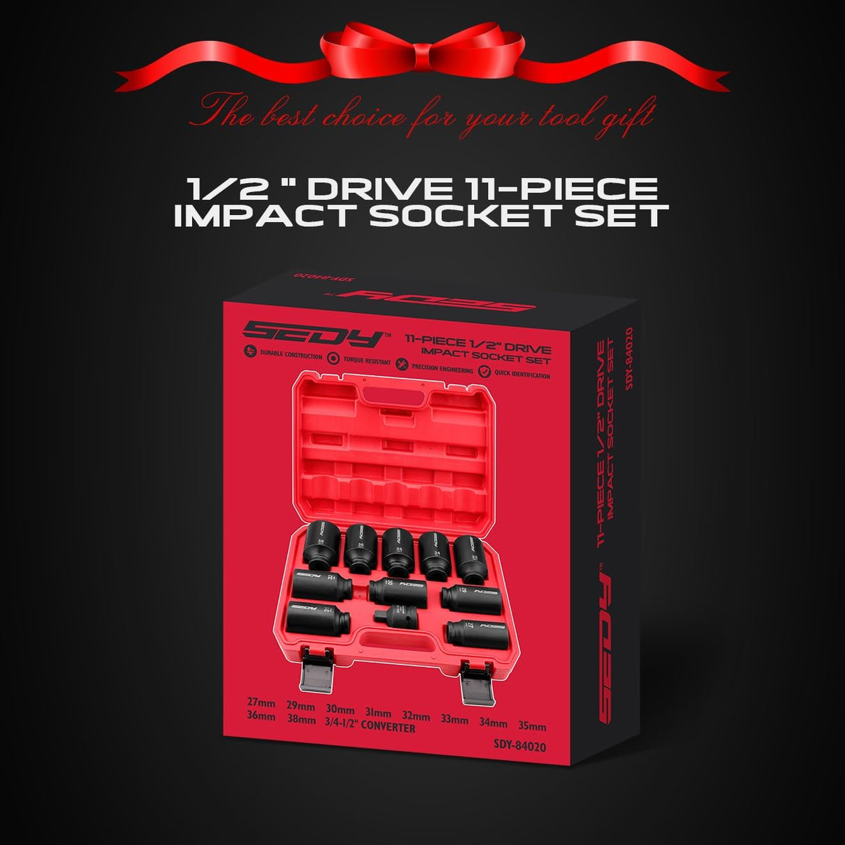 SEDY 11-piece 1/2-inch drive deep impact socket set with CR-MO construction and adapter, perfect for automotive and industrial torque jobs