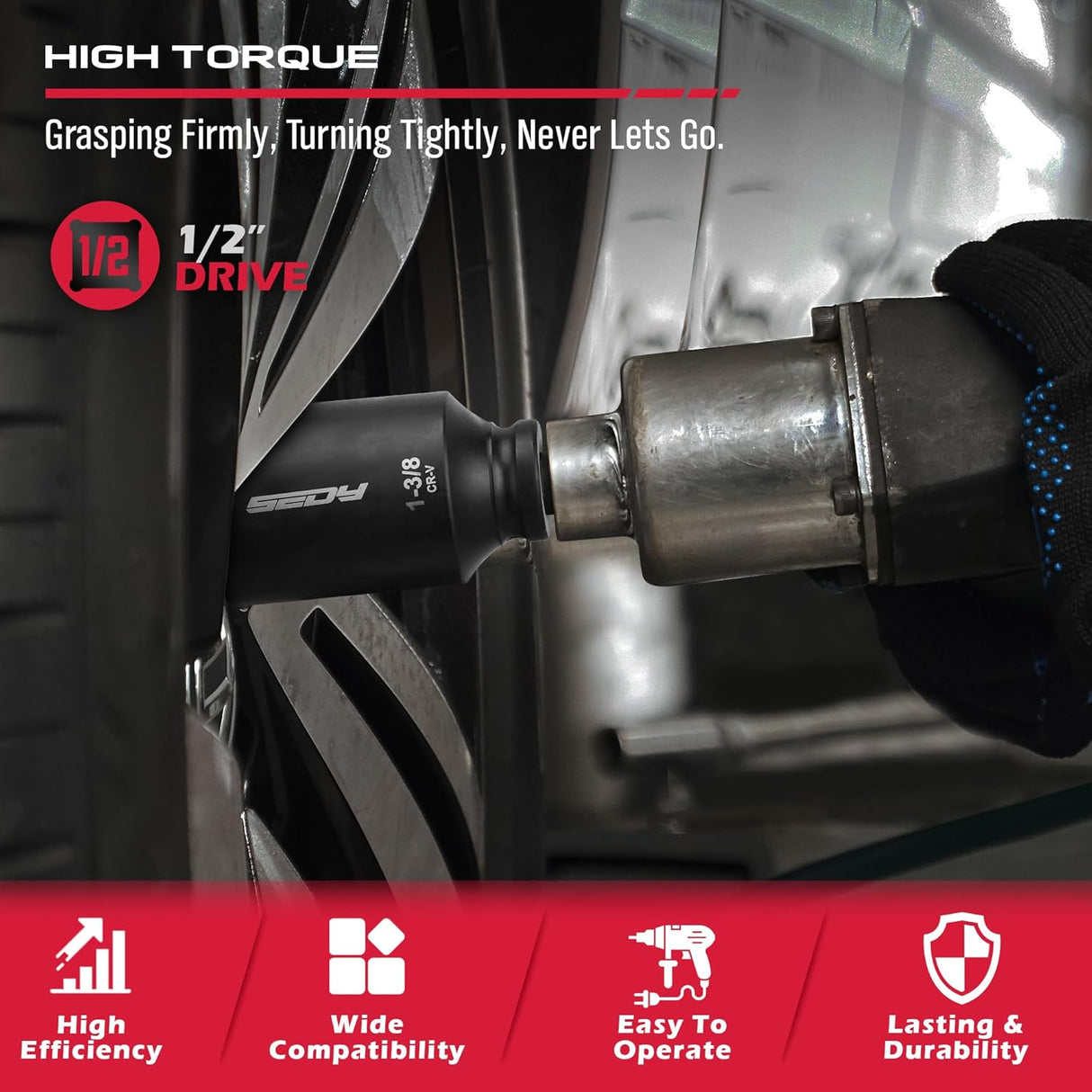 SEDY 8-piece SAE 1/2-inch drive deep impact socket set with chrome vanadium steel and adapter, ideal for automotive and heavy-duty torque tasks