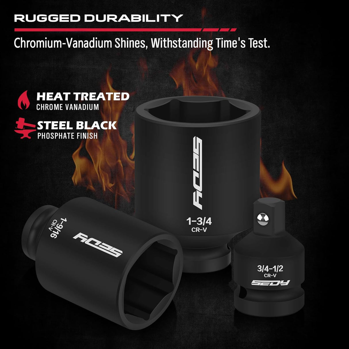 SEDY 8-piece SAE 1/2-inch drive deep impact socket set with chrome vanadium steel and adapter, ideal for automotive and heavy-duty torque tasks