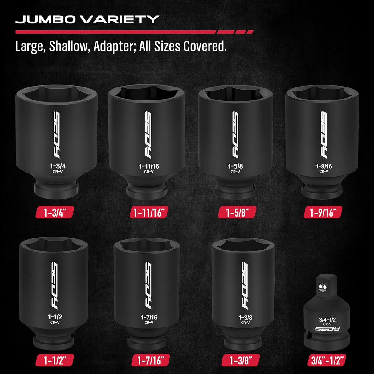 SEDY 8-piece SAE 1/2-inch drive deep impact socket set with chrome vanadium steel and adapter, ideal for automotive and heavy-duty torque tasks