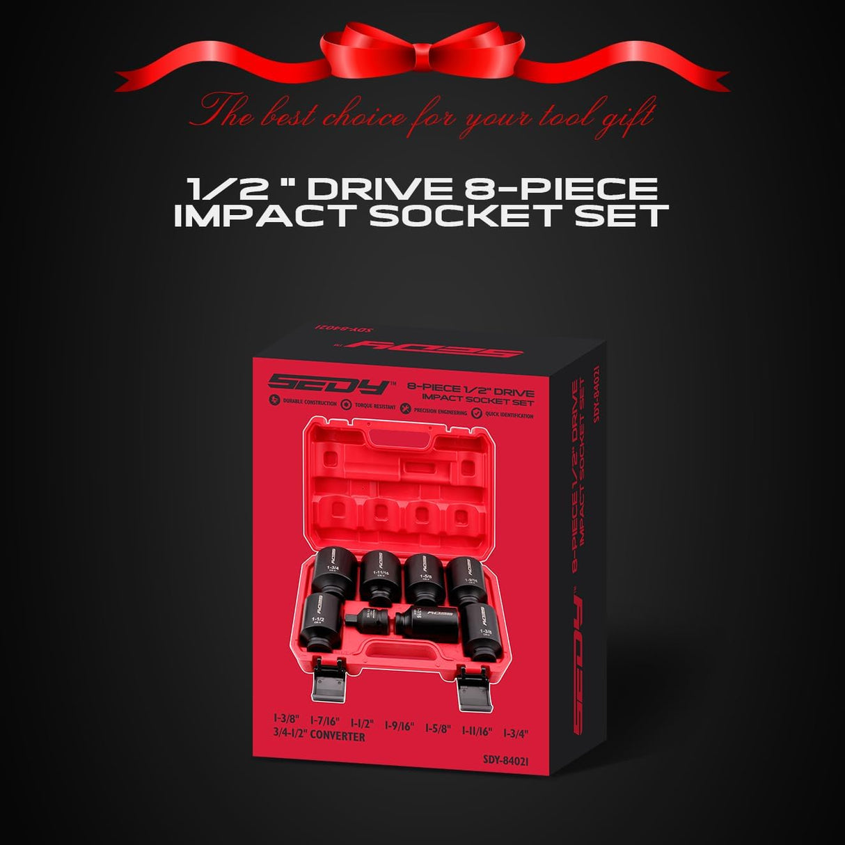 SEDY 8-piece SAE 1/2-inch drive deep impact socket set with chrome vanadium steel and adapter, ideal for automotive and heavy-duty torque tasks