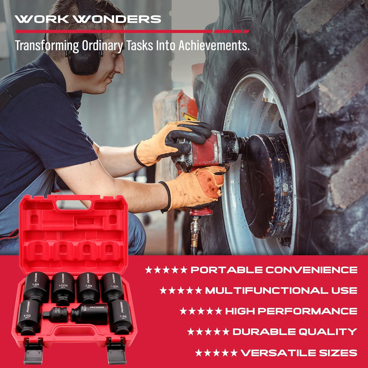 SEDY 8-piece SAE 1/2-inch drive deep impact socket set with chrome vanadium steel and adapter, ideal for automotive and heavy-duty torque tasks