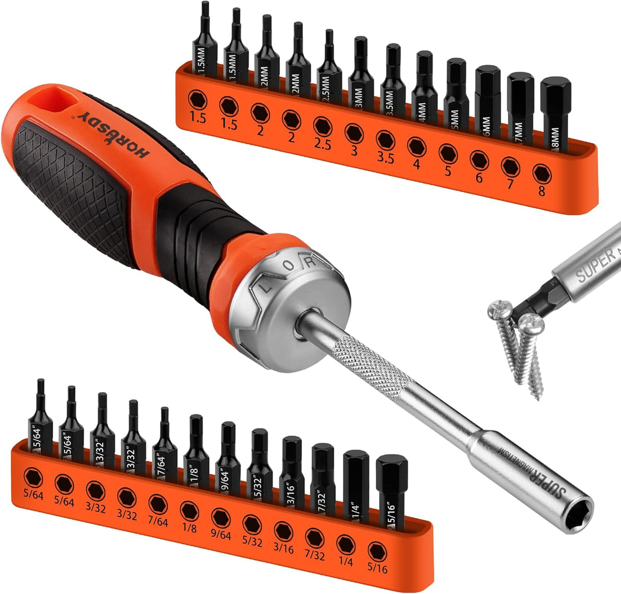 HORUSDY 25-piece ratchet screwdriver set with magnetic bit holder, ergonomic handle, and S2 steel SAE/metric hex bits for efficient fastening tasks.