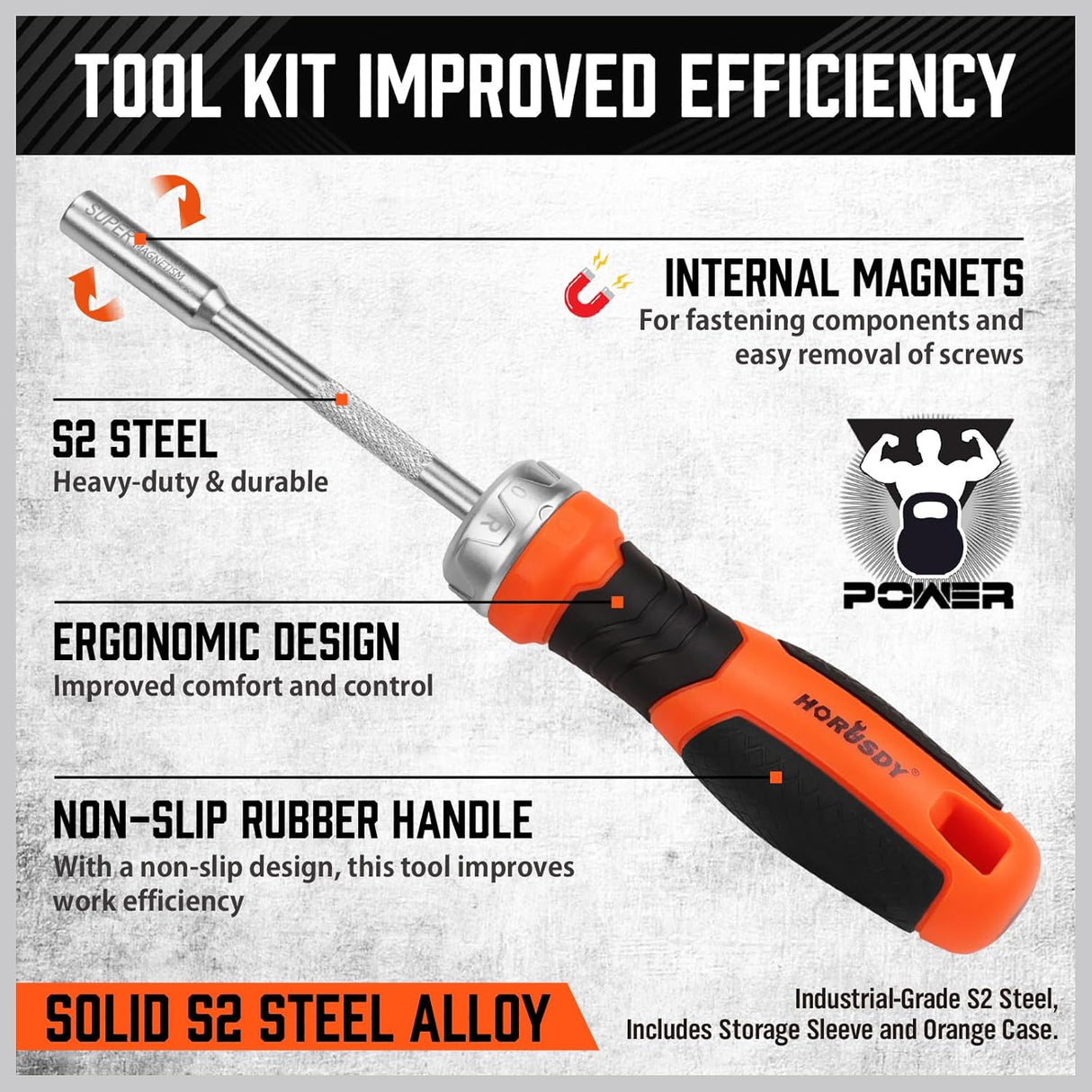 HORUSDY 25-piece ratchet screwdriver set with magnetic bit holder, ergonomic handle, and S2 steel SAE/metric hex bits for efficient fastening tasks.