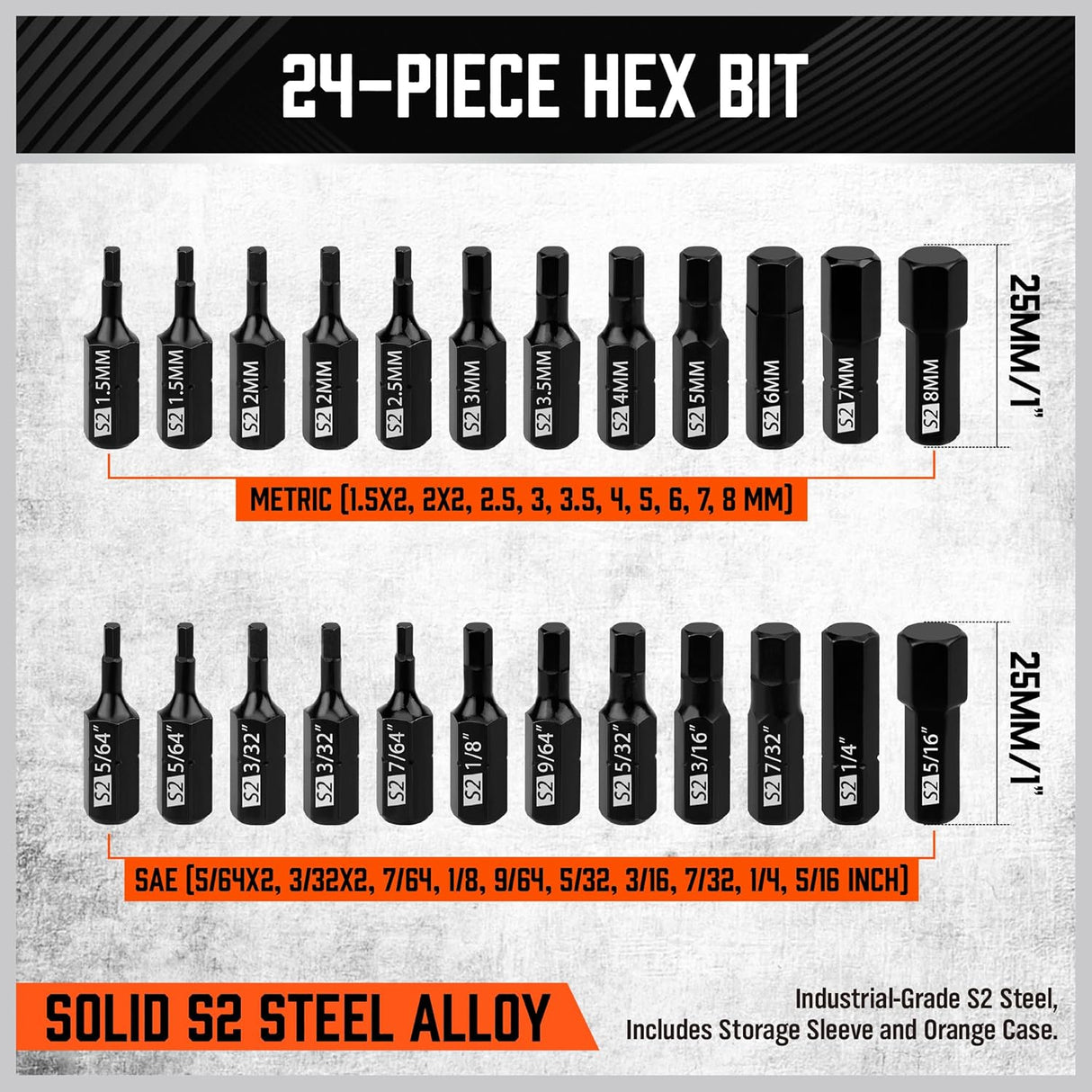 HORUSDY 25-piece ratchet screwdriver set with magnetic bit holder, ergonomic handle, and S2 steel SAE/metric hex bits for efficient fastening tasks.