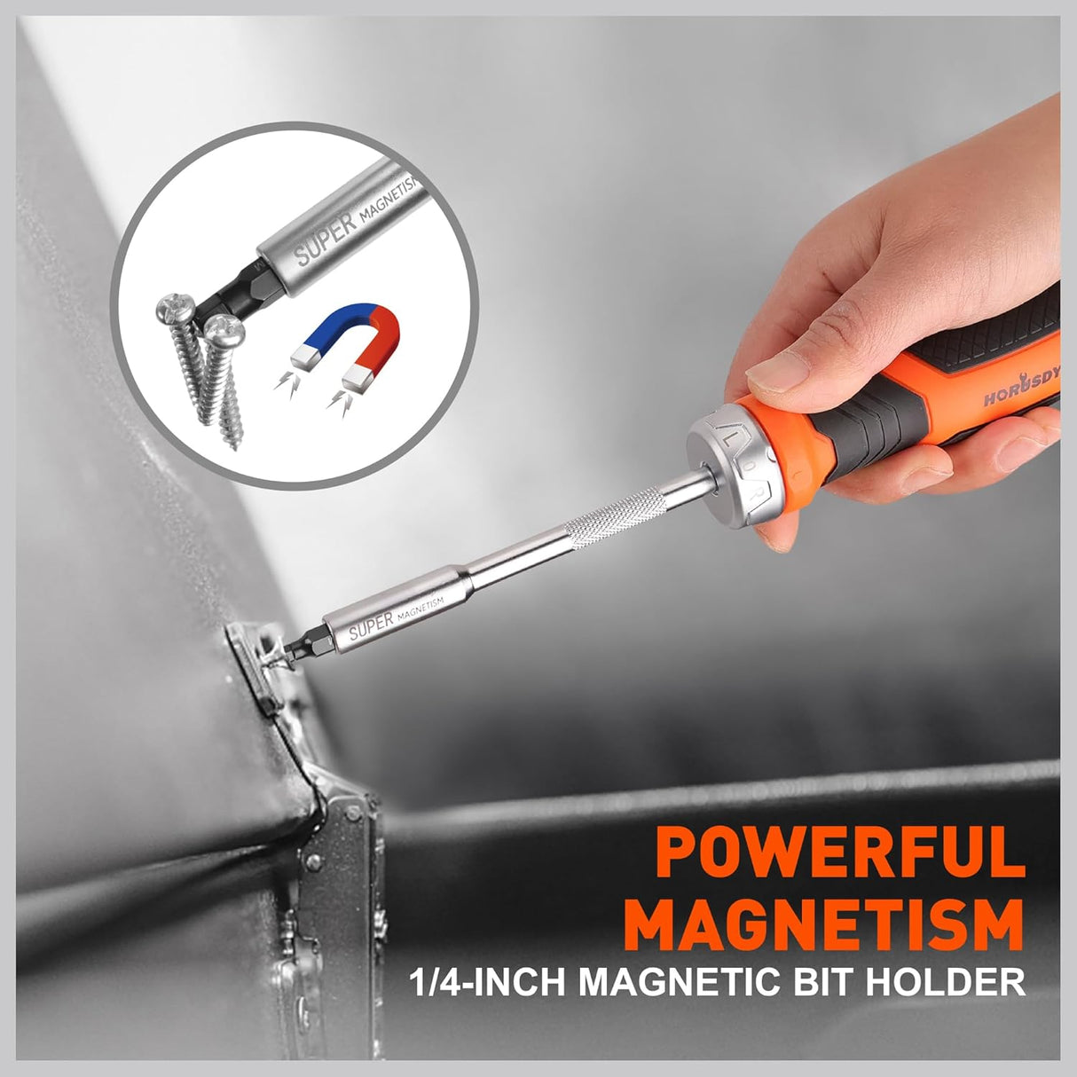 HORUSDY 25-piece ratchet screwdriver set with magnetic bit holder, ergonomic handle, and S2 steel SAE/metric hex bits for efficient fastening tasks.