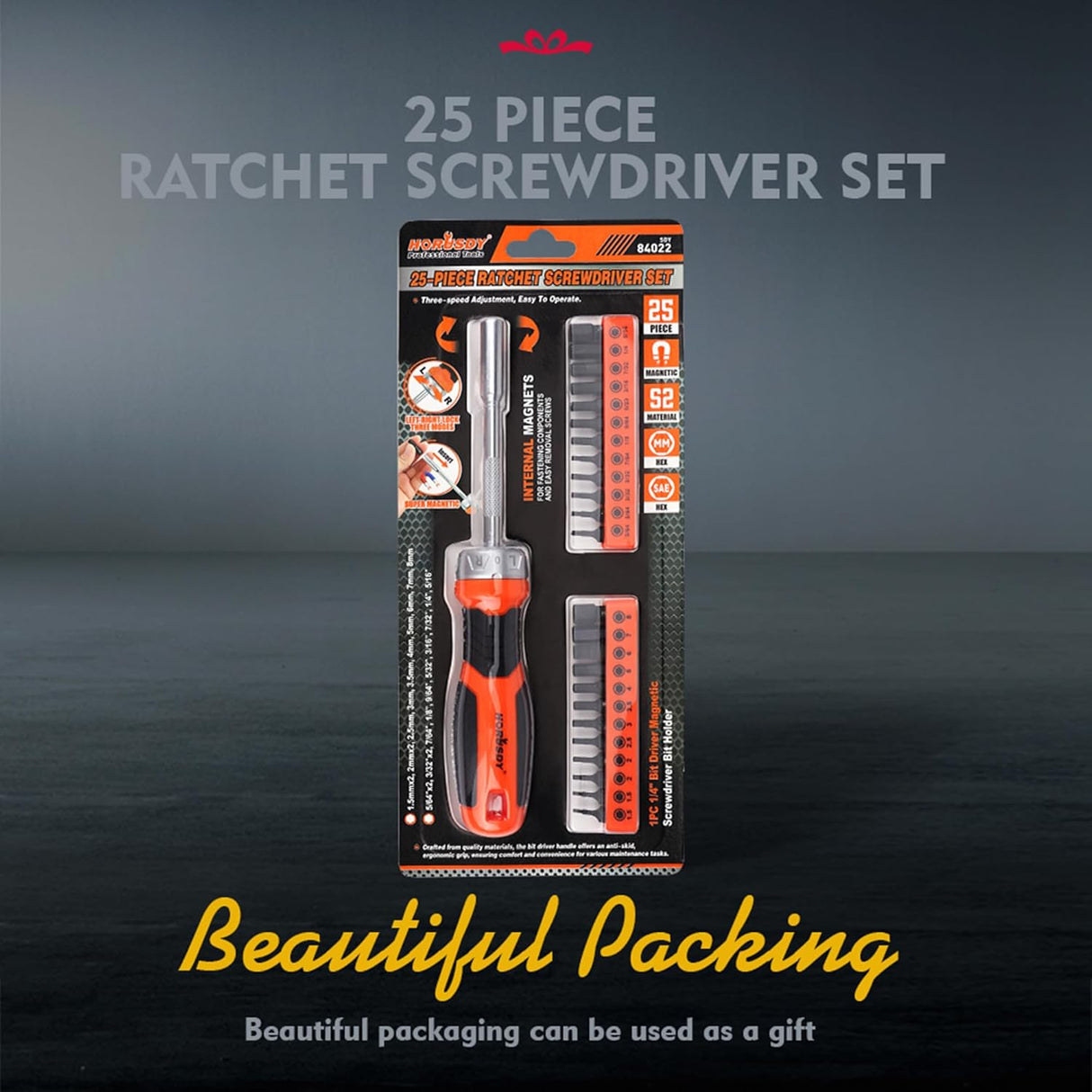 HORUSDY 25-piece ratchet screwdriver set with magnetic bit holder, ergonomic handle, and S2 steel SAE/metric hex bits for efficient fastening tasks.