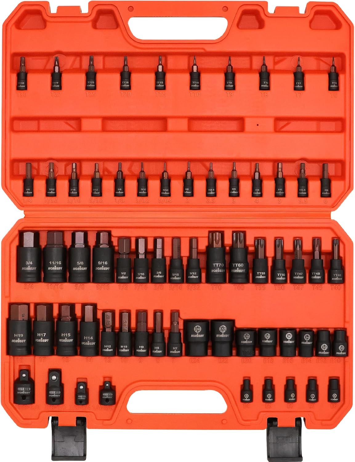HORUSDY 66-Piece Allen & Torx Bit Socket Set, SAE/Metric, Star & Female E-Torx, S2 Steel, with 4 Impact Socket Adapters