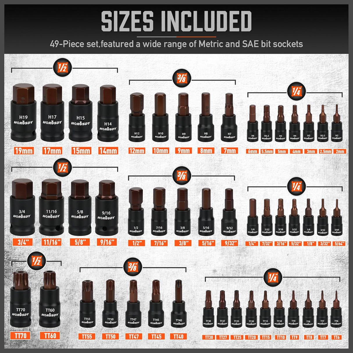HORUSDY 66-Piece Allen & Torx Bit Socket Set, SAE/Metric, Star & Female E-Torx, S2 Steel, with 4 Impact Socket Adapters
