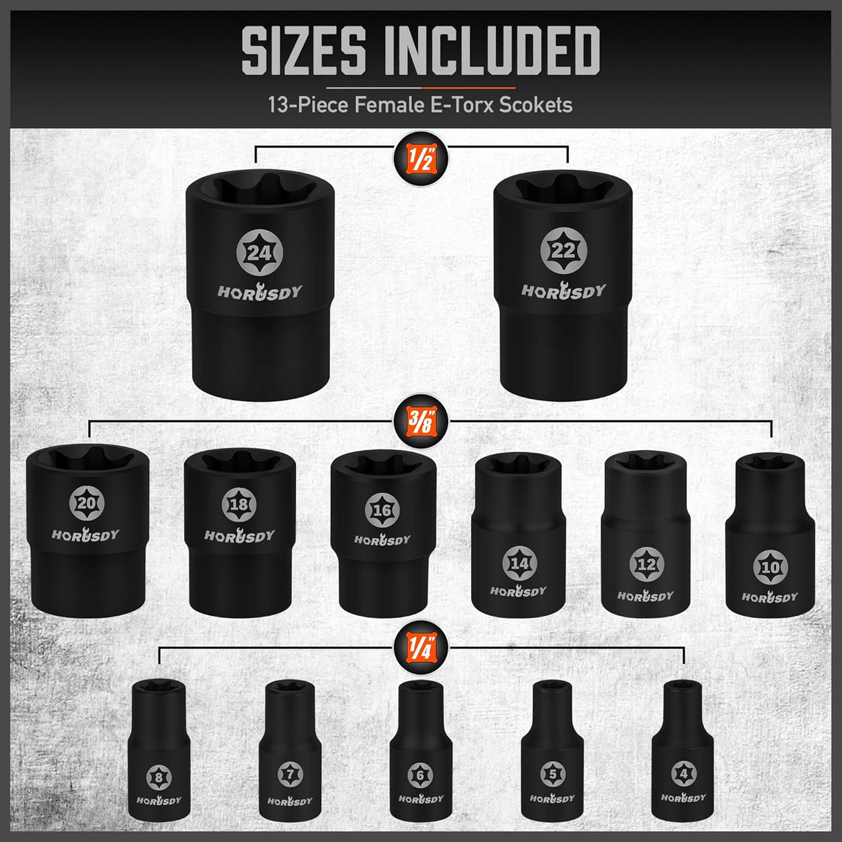 HORUSDY 66-Piece Allen & Torx Bit Socket Set, SAE/Metric, Star & Female E-Torx, S2 Steel, with 4 Impact Socket Adapters