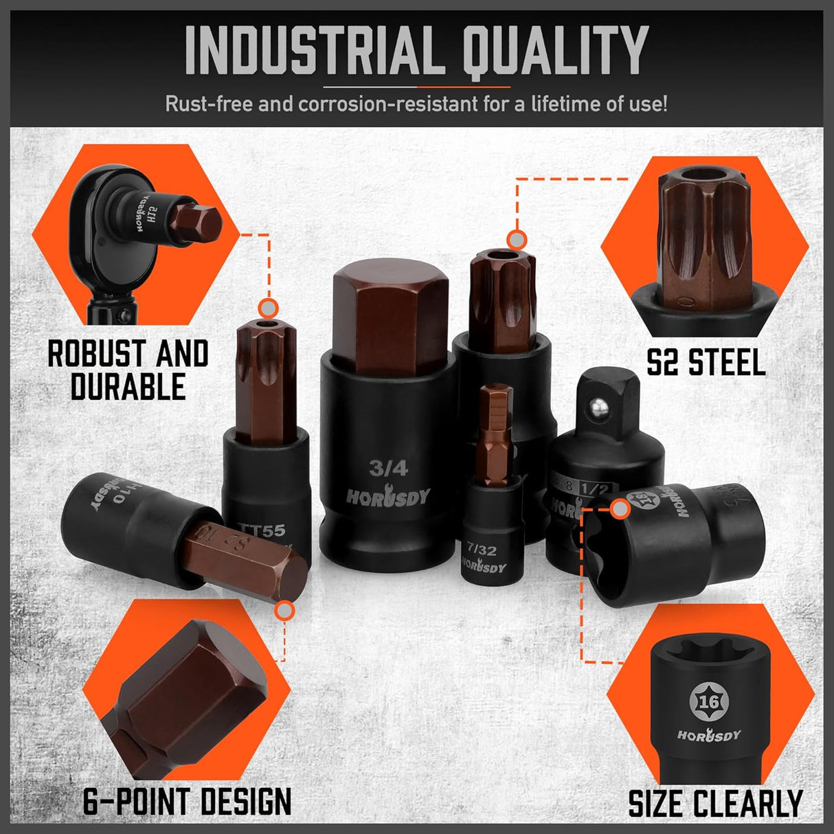 HORUSDY 66-Piece Allen & Torx Bit Socket Set, SAE/Metric, Star & Female E-Torx, S2 Steel, with 4 Impact Socket Adapters