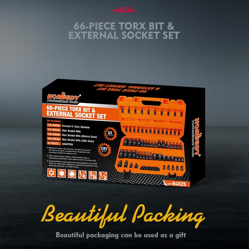 HORUSDY 66-Piece Allen & Torx Bit Socket Set, SAE/Metric, Star & Female E-Torx, S2 Steel, with 4 Impact Socket Adapters