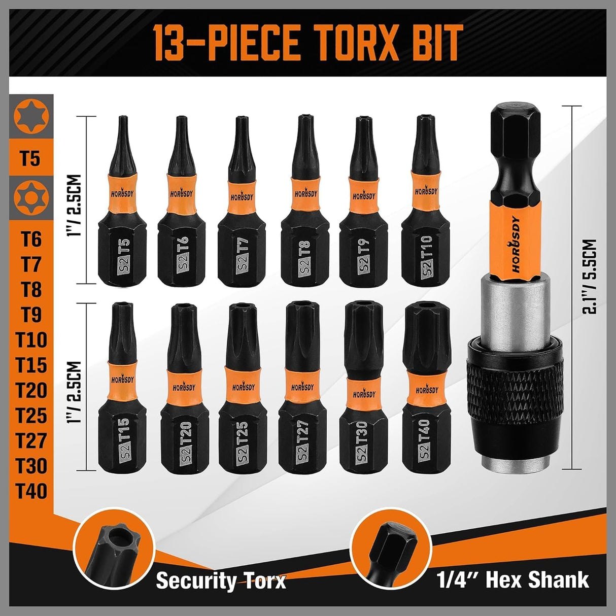 13-piece HORUSDY impact Torx bit set with magnetic S2 steel bits and storage case